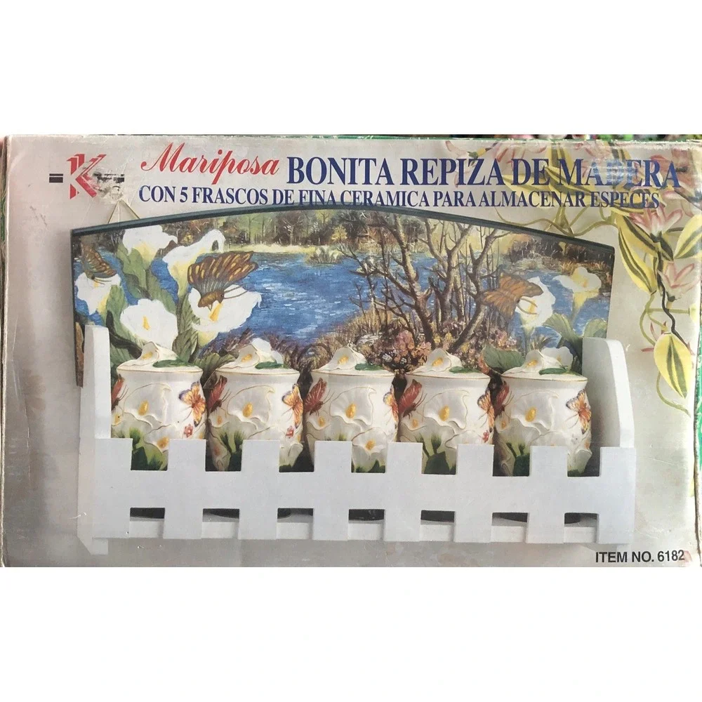 Vtg Butterfly Wooden Spice Rack 5 Jars For Spices 3-D Butterflies Calla Lily New